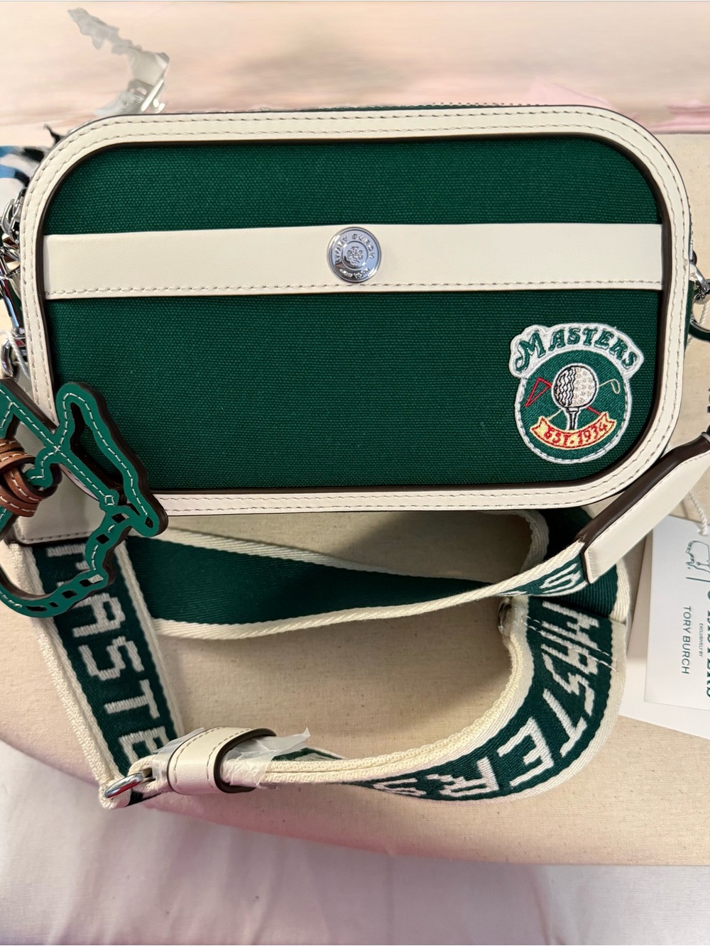 Tory Burch Green and Cream Masters Canvas Crossbody Camera Bag